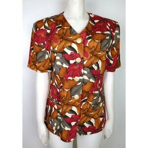 RED & GOLD FLORAL PRINT BLOUSE SHORT SLEEVE JACKET RENA ROWAN FOR SAVILLE - 10